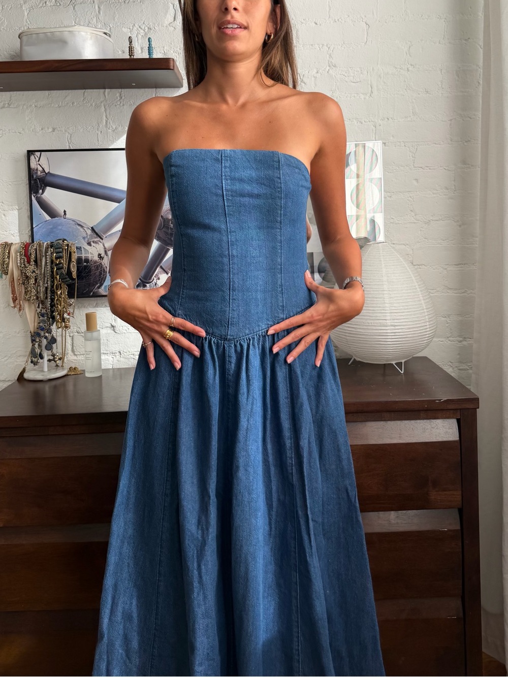 Zara Strapless Denim Maxi Dress in Blue